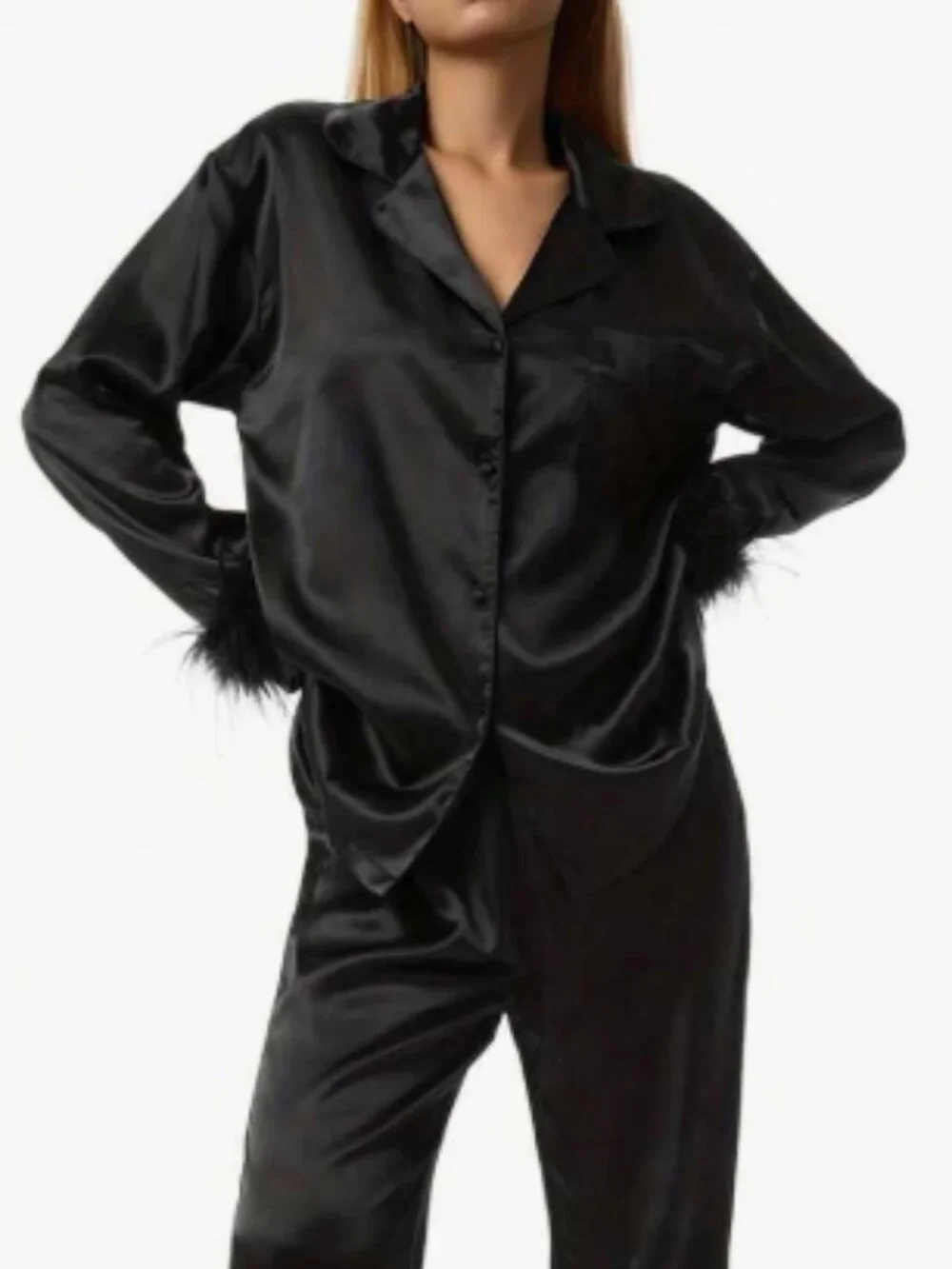 Women’s Sz XL Pajama Top Satin Button Down Black Feather Fuzzy Cuffs Long Sleeve